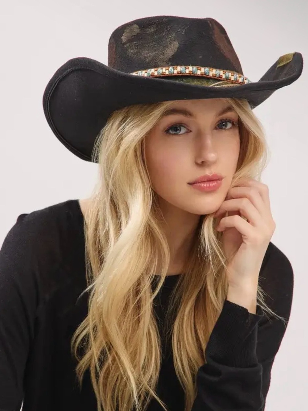 Distress, vintage style Black Western Cowboy Hat with Beaded Band - Women